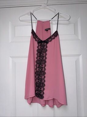 Express Pink Tank Top with Black Lace Trim